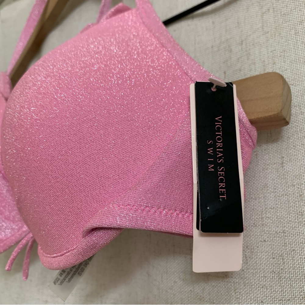 Victorias Secret Sparkly Glitter Barbie Pink Moderate Push up Tie Bikini Top 36C - Picture 3 of 6